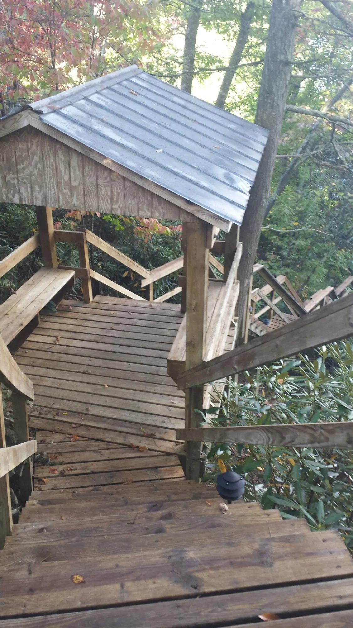 Metal roofed shelter over wooden steps on a wooded walkway — Skylight Repair & Installation work by our crew in Indian Trail